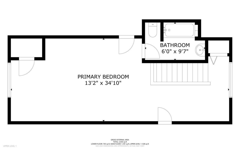 Black and white floor plan showing a primary bedroom (132 x 3410) with a door leading to a bathroom (60 x 97) containing a bathtub, toilet, and sink, plus a stairwell area.