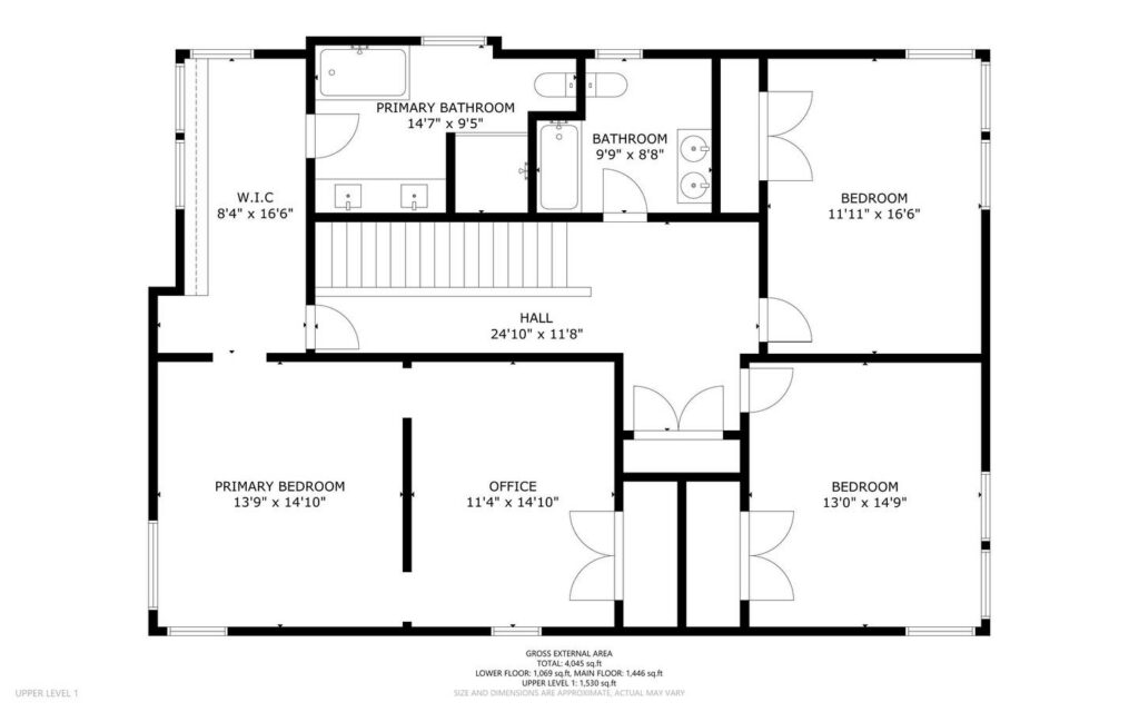 Black and white floor plan of an upper level featuring a primary bedroom with walk-in closet and en-suite bathroom, two additional bedrooms, a bathroom, an office, a hall, and a staircase. Room dimensions are labeled.