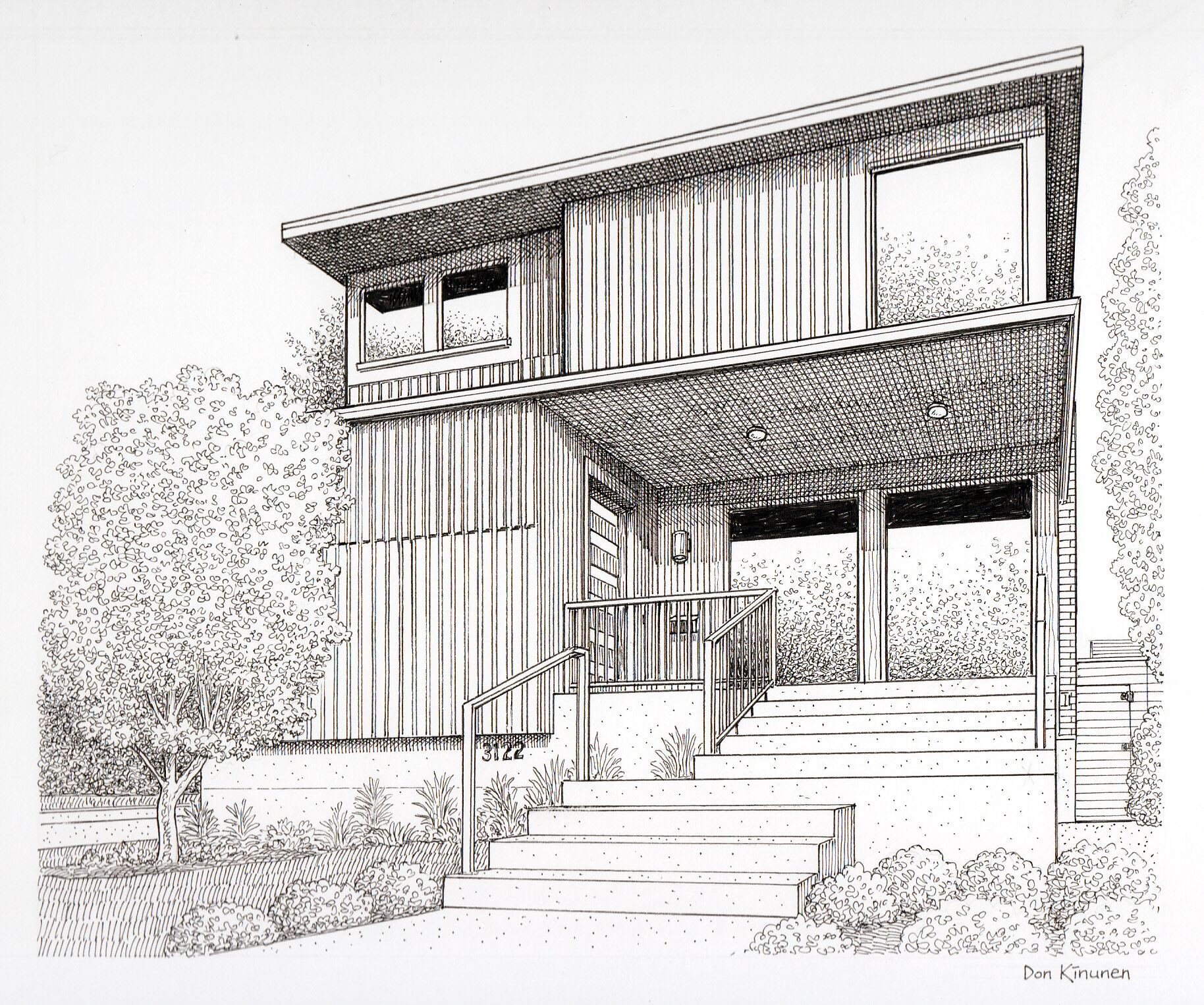 A detailed black-and-white ink drawing of a modern, two-story house with large windows, horizontal and vertical siding, a front porch with railings, wide steps, and landscaping with bushes and a tree.