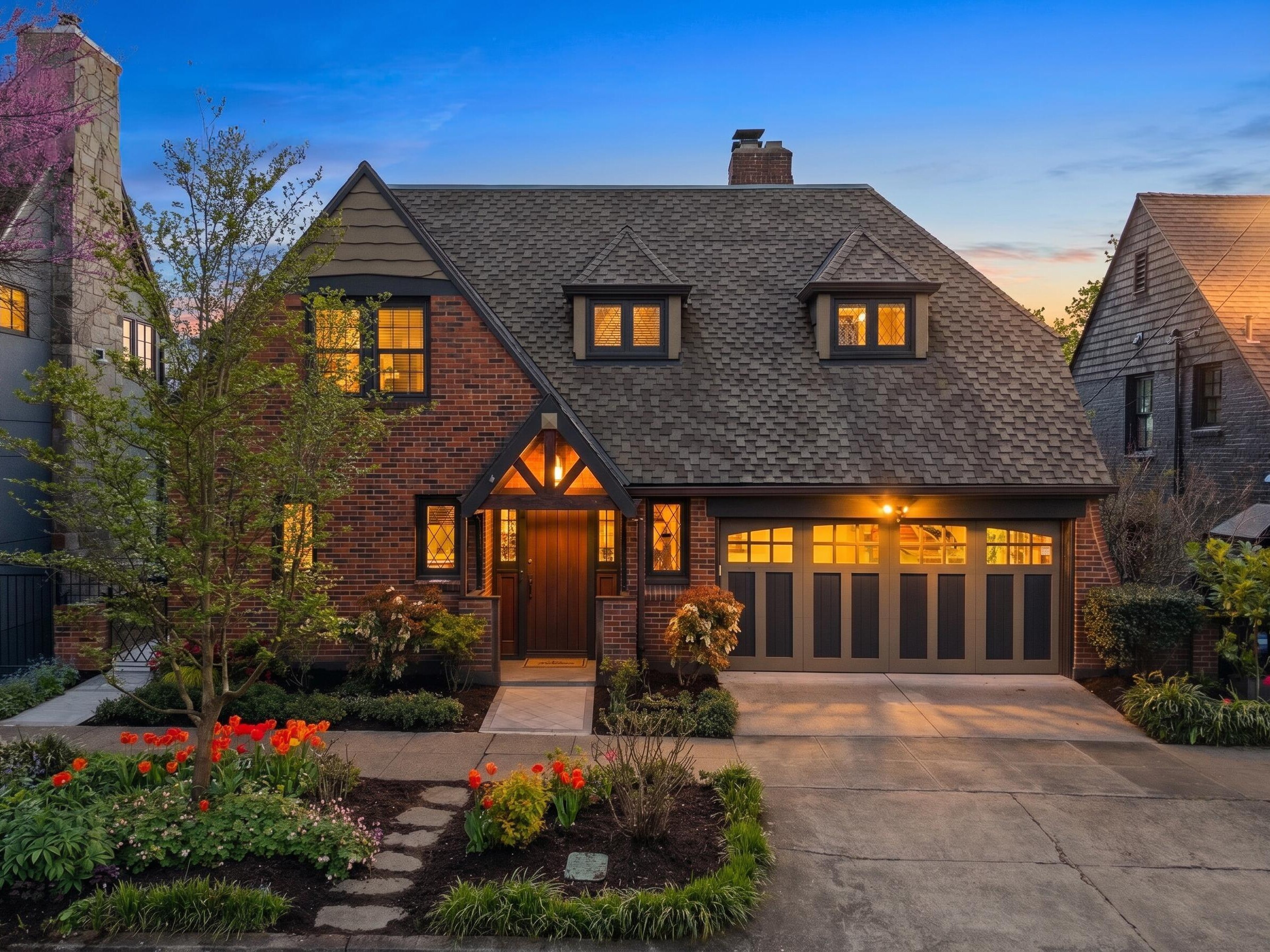 A charming brick house with a steep roof, lit warmly from inside, featuring a two-car garage, manicured garden with colorful flowers, and a stone pathway at dusk.