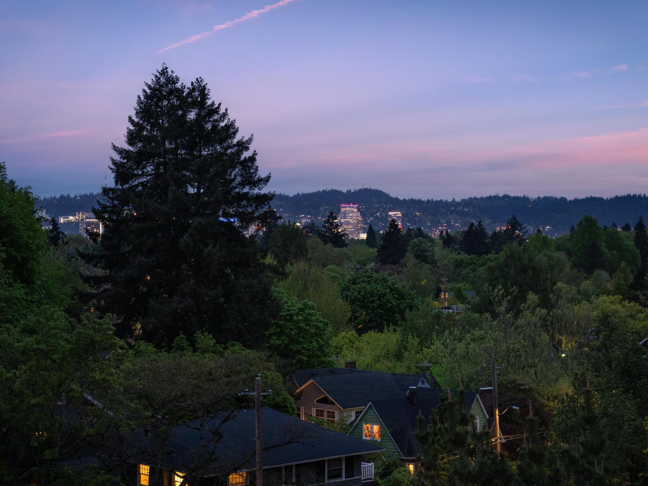 A view of a suburban neighborhood at dusk, with houses among trees in the foreground and a city skyline with lit buildings in the distance, under a purple and blue sky.