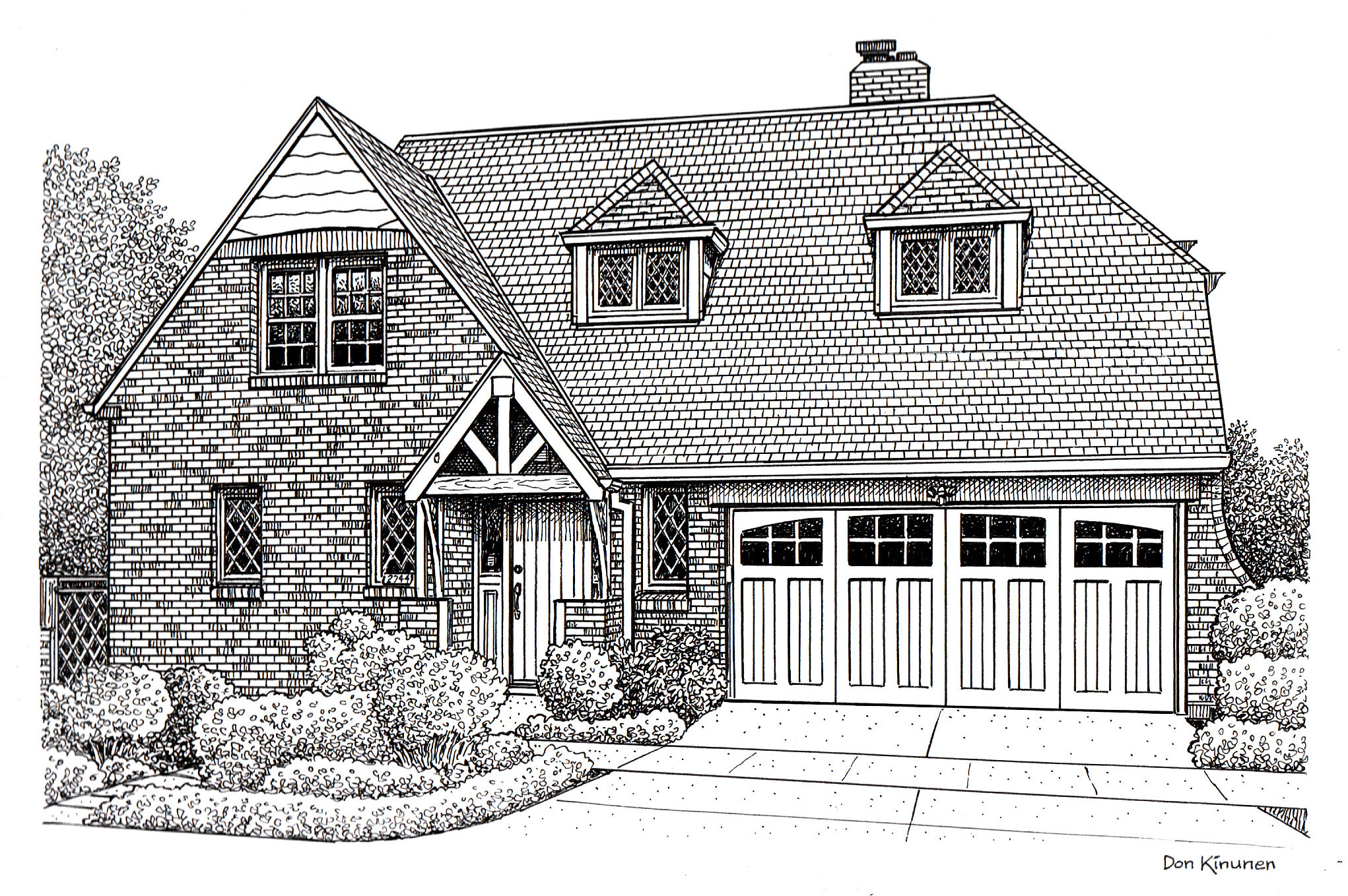 Black and white line drawing of a suburban house with a gabled roof, brick and shingle exterior, two-car garage, and detailed landscaping with shrubs and trees in front.