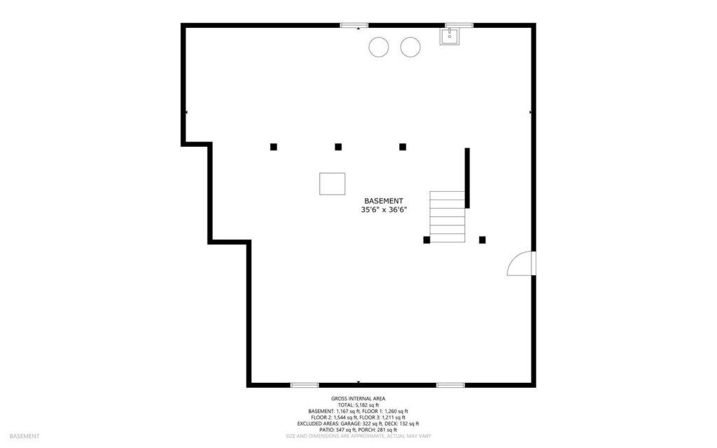 Black and white floor plan of a basement measuring 356 by 356, showing stairs, two circles indicating possible columns or fixtures, and marked gross internal area with measurements.