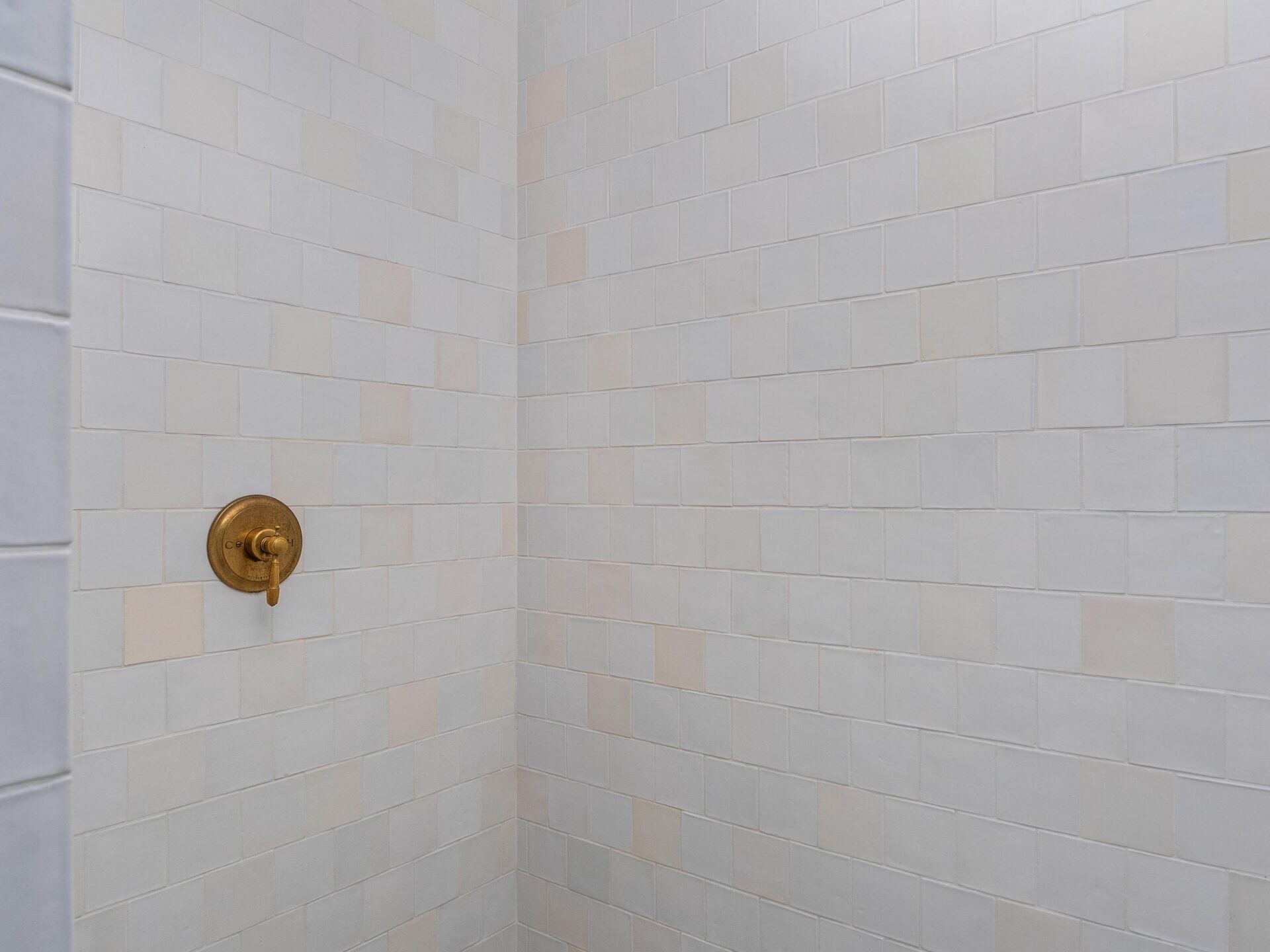A shower with white square tiles on the walls, a brass rainfall showerhead, and a matching brass control handle. The shower floor has small, light-colored mosaic tiles.