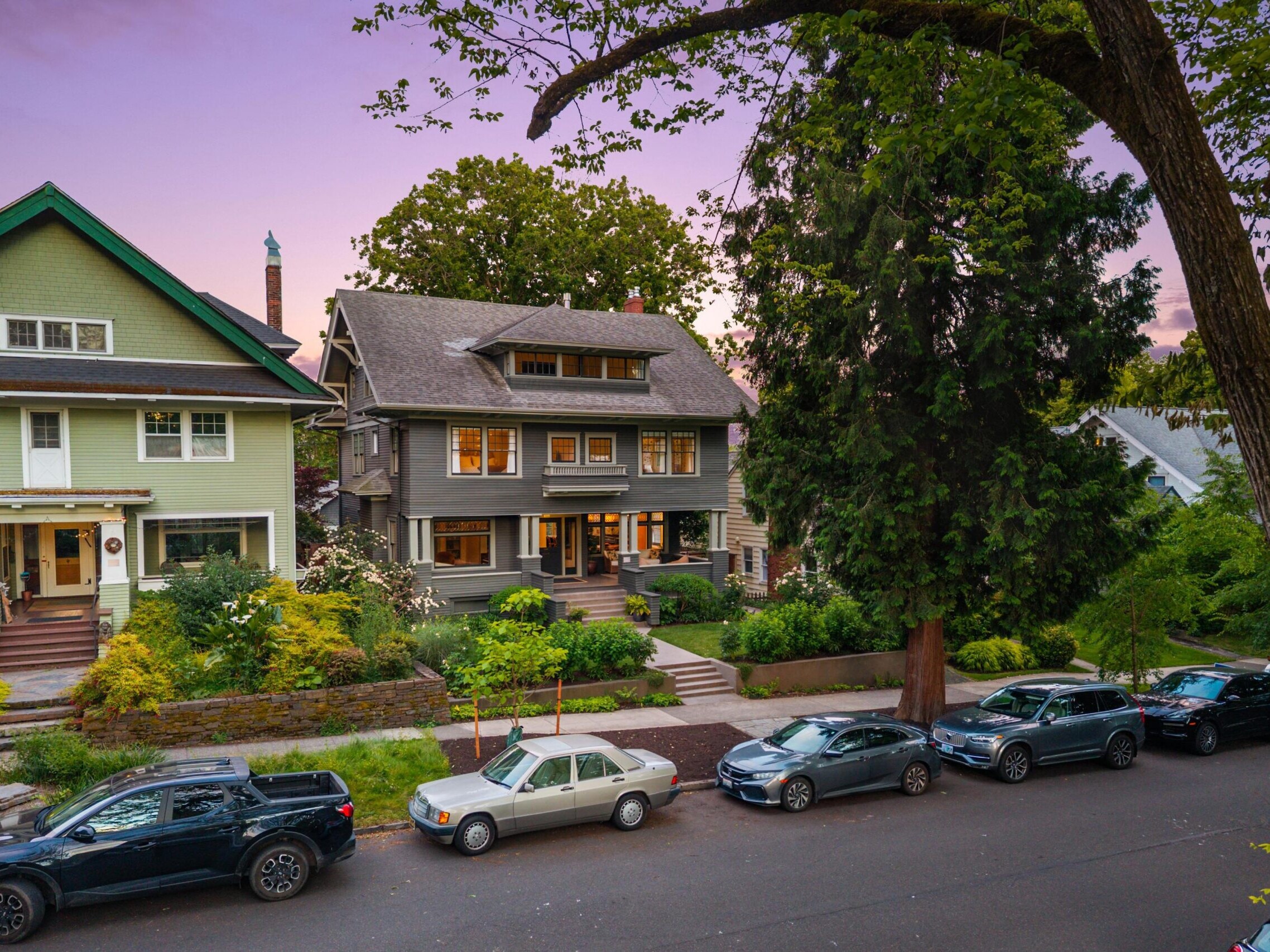 A tree-lined residential street at sunset with parked cars in front of two large, classic houses surrounded by lush greenery and plants. The sky is pink and purple.