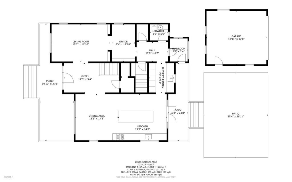 Black and white floor plan of a house’s main level, showing labeled rooms including living room, dining area, kitchen, office, mud room, hall, porch, deck, patio, and a detached garage. Room dimensions are included.