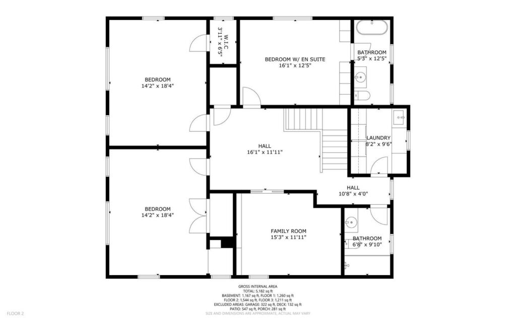Black and white floor plan with two bedrooms, a family room, two bathrooms, a laundry room, halls, and labeled dimensions for each room. Stairs are shown near the center of the layout.