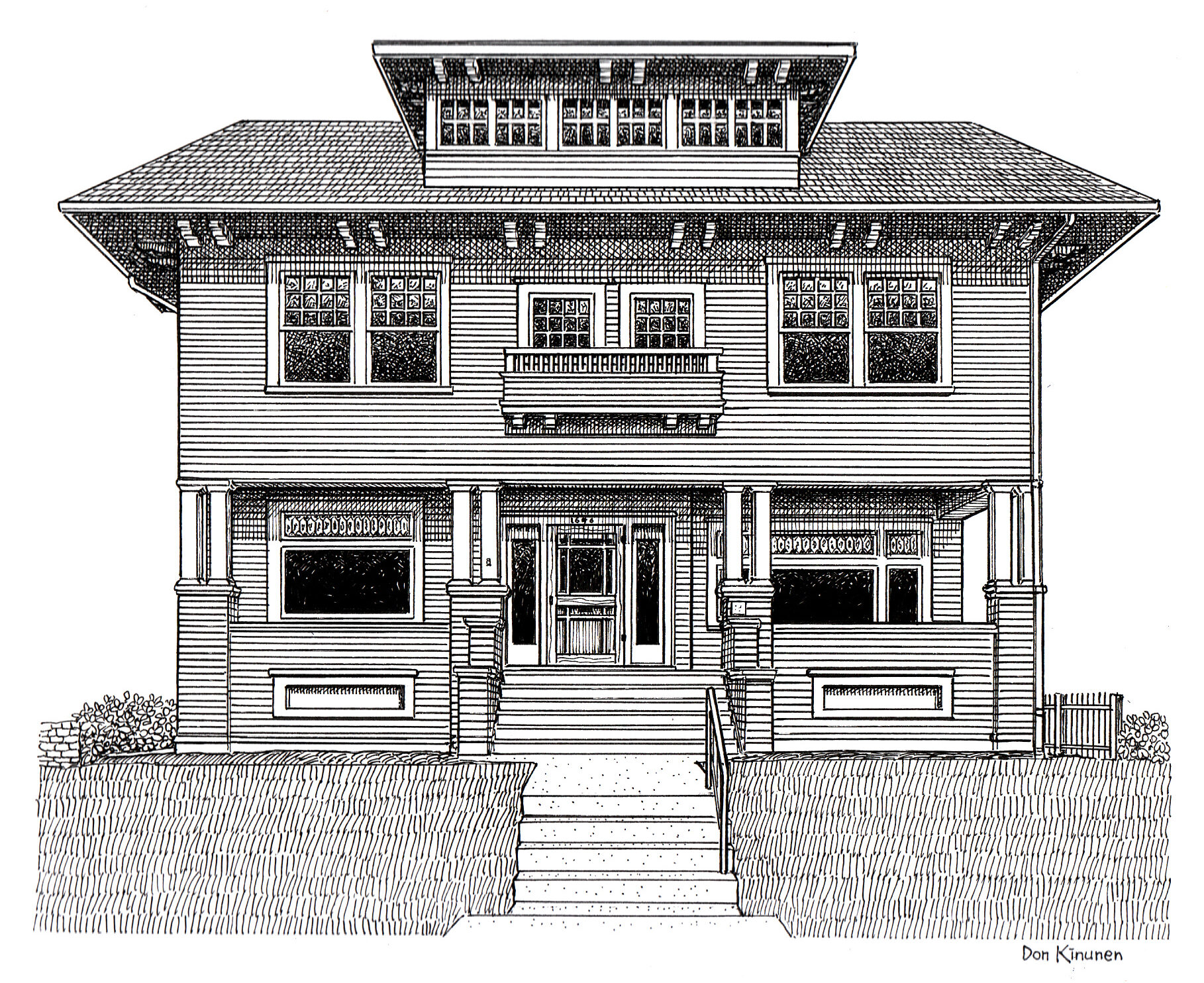 Black-and-white pen drawing of a two-story Craftsman-style house with a wide front porch, detailed windows, and a symmetrical facade, viewed from the front with steps leading up to the entrance.