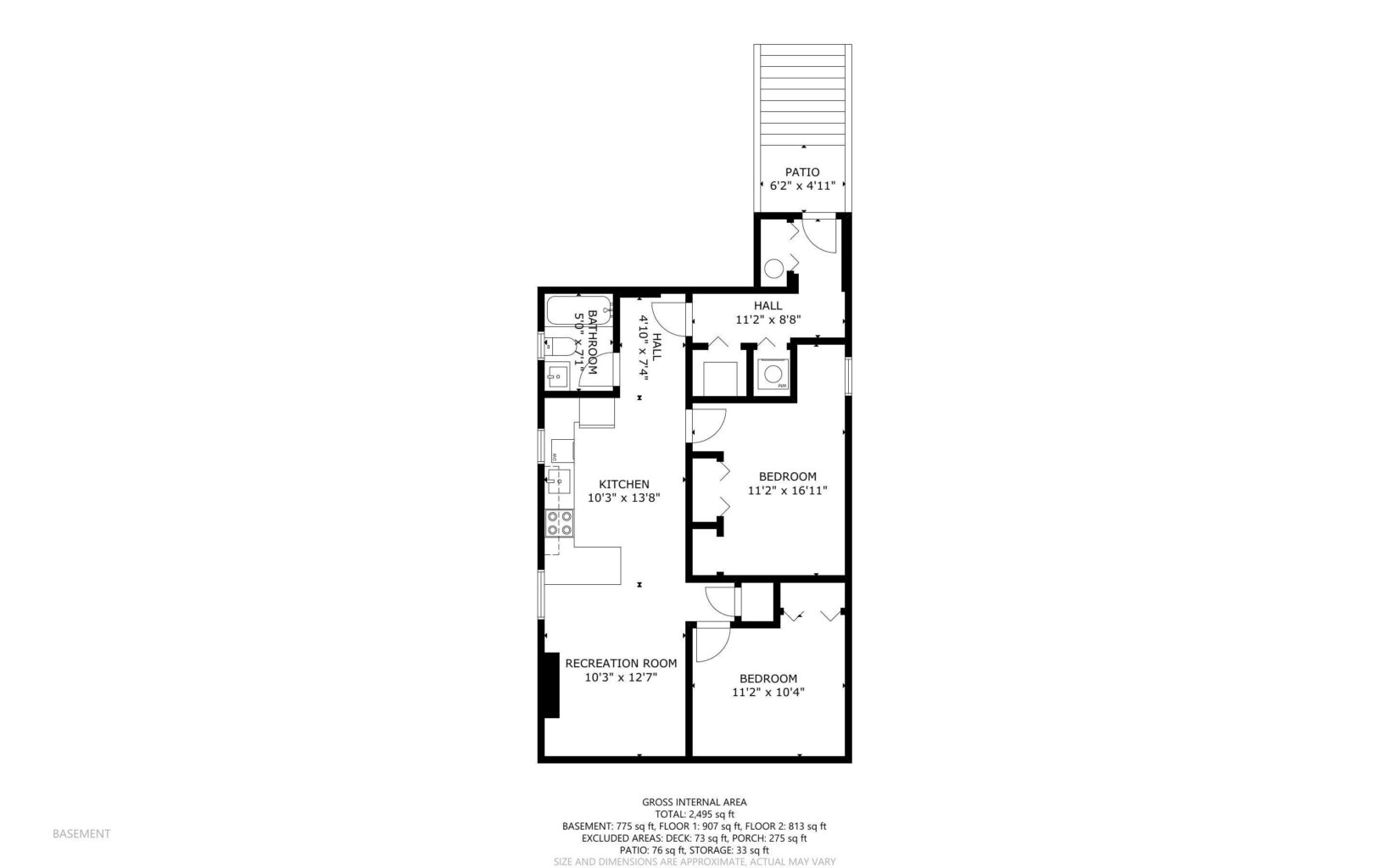 Black and white floor plan of a basement with a kitchen, recreation room, two bedrooms, a bathroom, hall, storage, laundry, closet, and a patio area at the top right. Each room is labeled with dimensions.