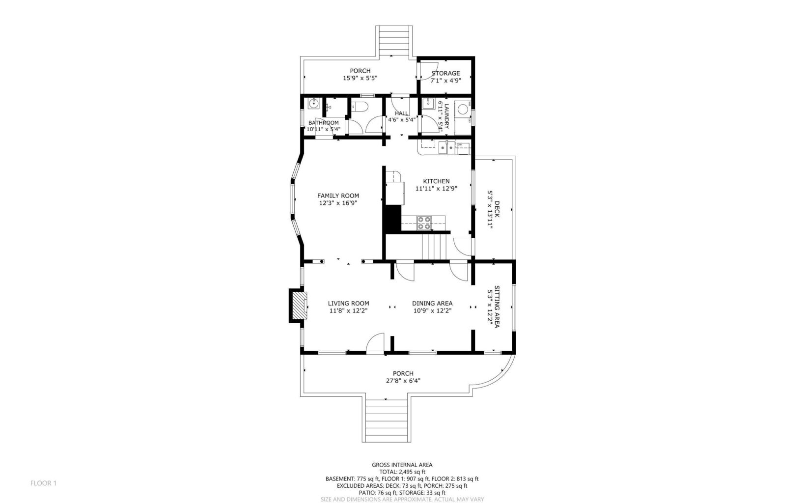 Black and white floor plan of a house showing a porch, living room, dining area, kitchen, family room, storage, and labeled measurements for each space. Entrances are marked at the front and back porches.