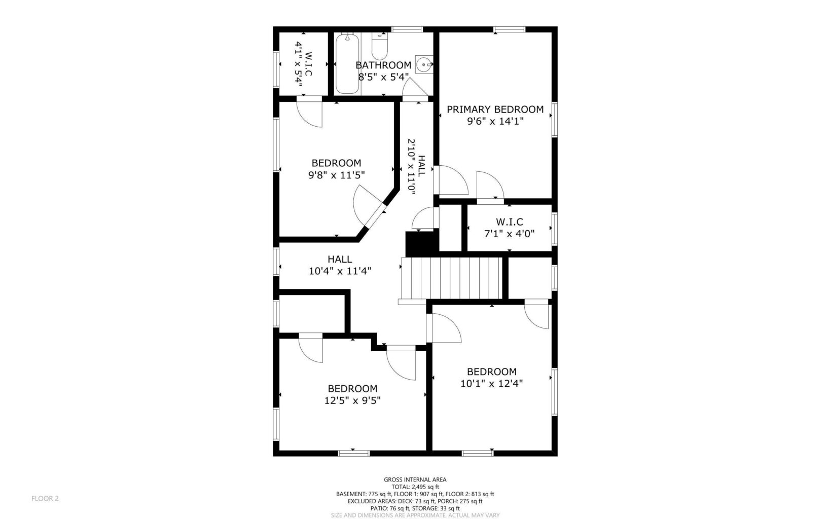 Black and white floor plan showing four bedrooms, a hall, a bathroom, a walk-in closet, and a staircase. Rooms are labeled with dimensions in feet and inches.
