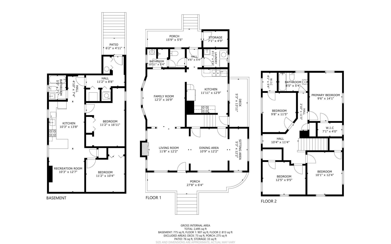 Black and white floor plan showing basement, first, and second floors with labeled rooms including bedrooms, bathrooms, kitchens, living areas, patio, porch, and storage spaces, along with measurements for each room.