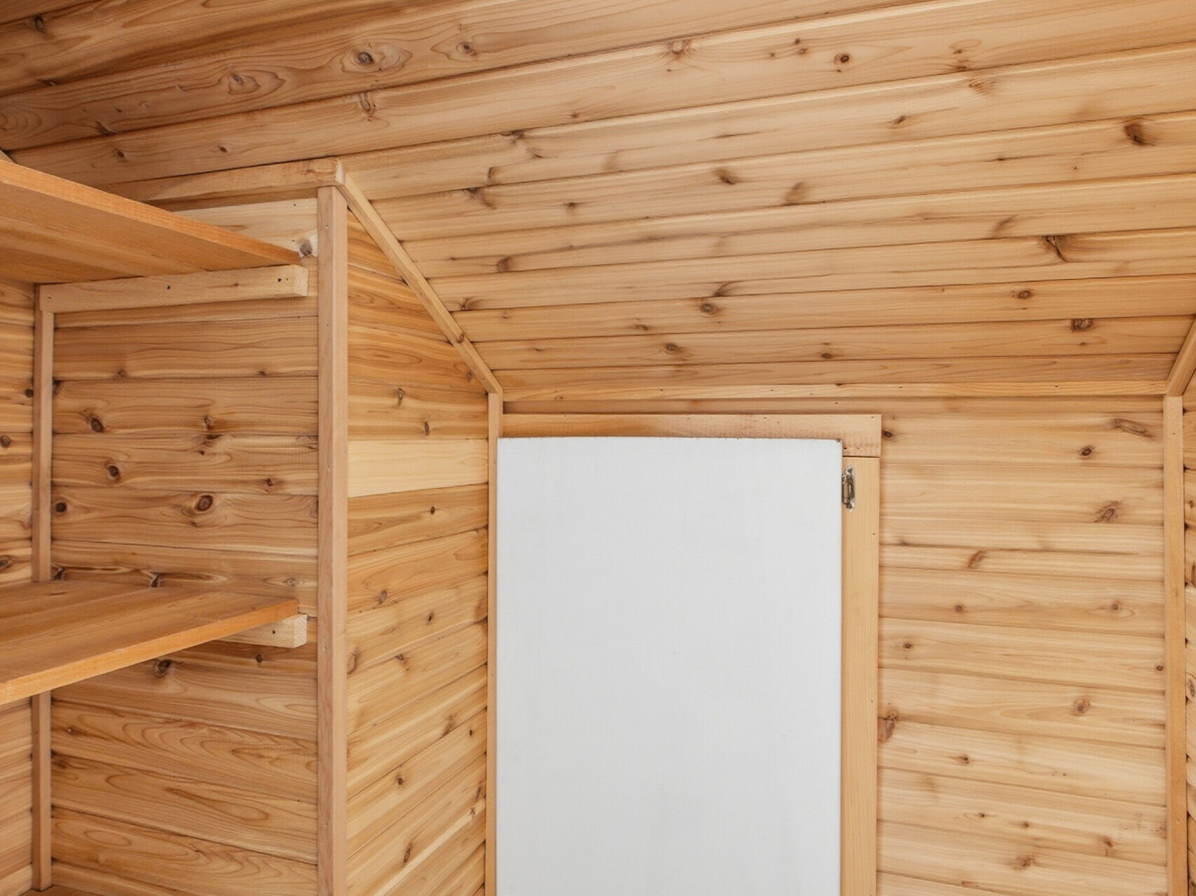 A small room with wood-paneled walls and ceiling, a white rectangular door on the back wall, and built-in wooden shelves to the left. The floor is carpeted in a neutral tone.