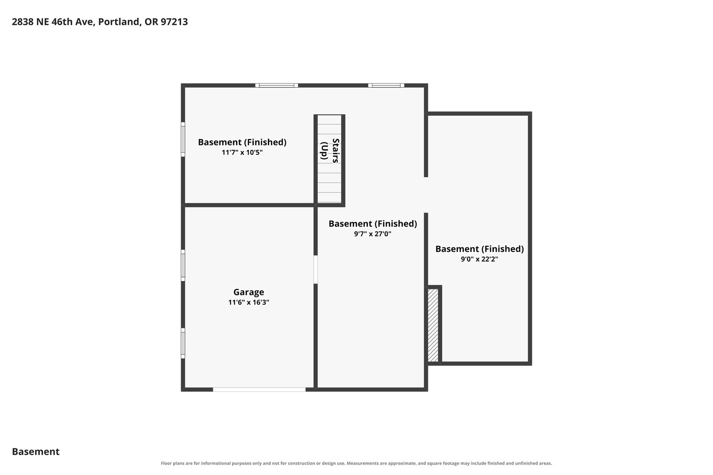 Basement floor plan with three finished basement rooms, a central stairs/closet area, and a garage. Rooms have labeled dimensions; address is listed at the top left.