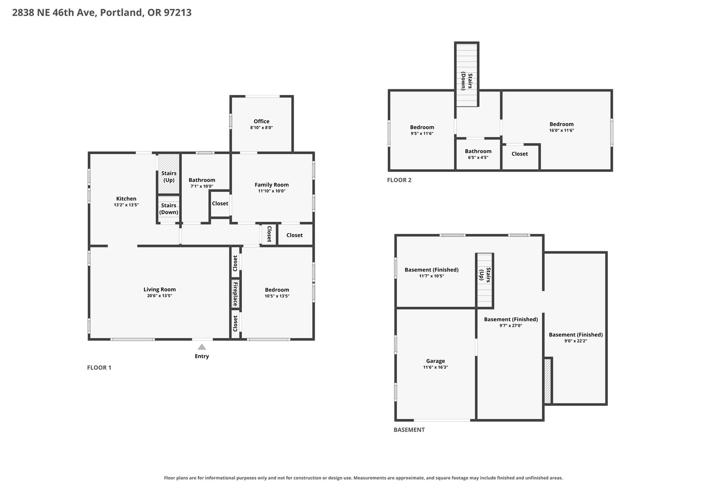 Black and white floor plan for a multi-level house showing room labels, dimensions, and layout of the first floor, second floor, and basement, including bedrooms, bathrooms, kitchen, living areas, garage, and closets.