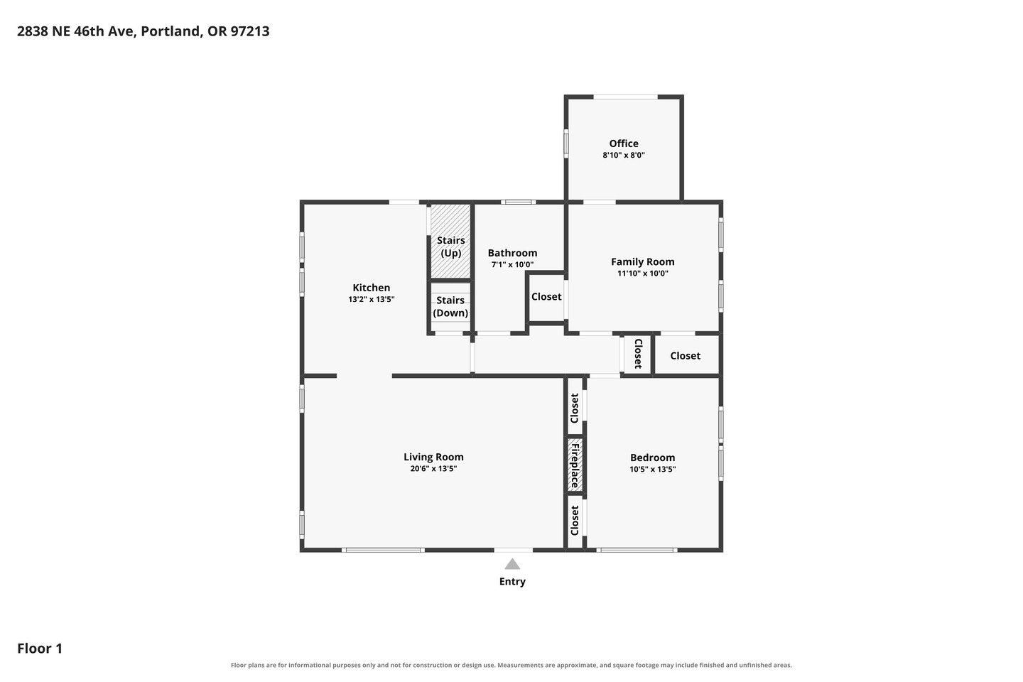 Floor plan of a house showing kitchen, living room, bedroom, office, family room, two bathrooms, closets, stairs, and main entry. Dimensions are labeled for each room. The address is listed at the top.