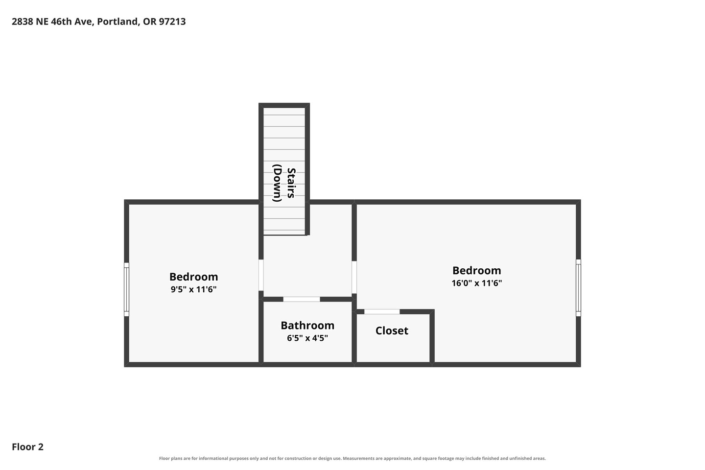 Second floor layout with two bedrooms, one bathroom, a closet, and stairs. Bedroom sizes are 95x116 and 160x116. Bathroom is 65x45. Stairs are labeled down. Address is at the top.