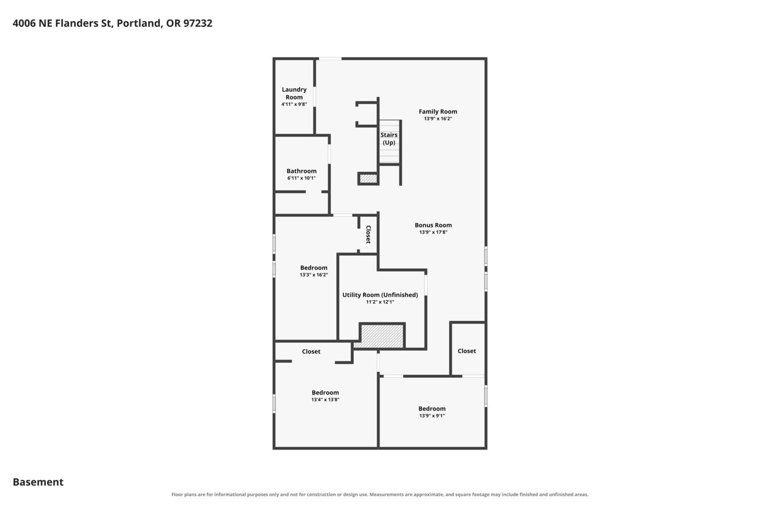Floor plan for the basement of 4006 NE Flanders St, showing the layout and dimensions of three bedrooms, a family room, a bonus room, an unfinished utility room, a bathroom, and a laundry room.