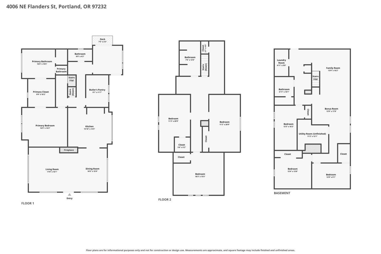 Floor plan of a three-level house at 4006 NE Flanders St, Portland, OR 97232, showing the layout and room dimensions for the first floor, second floor, and basement.