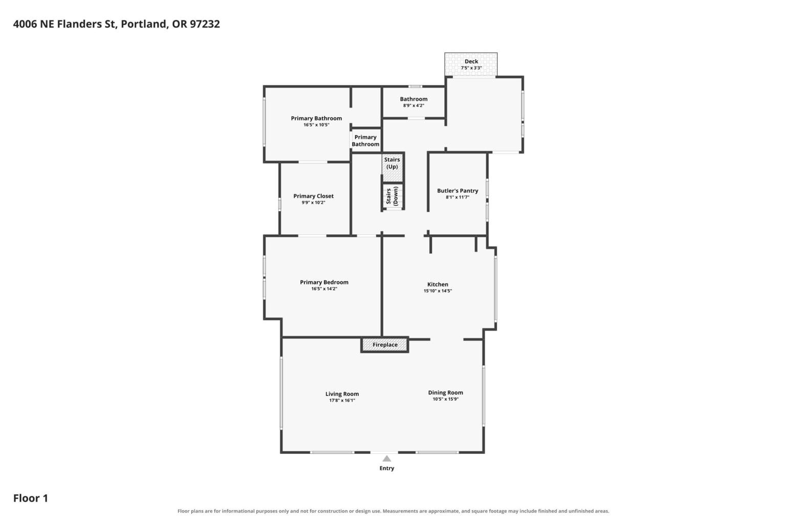 Floor plan for the first floor of 4006 NE Flanders St, showing the layout of the living room, dining room, kitchen, primary bedroom, and associated utility spaces.