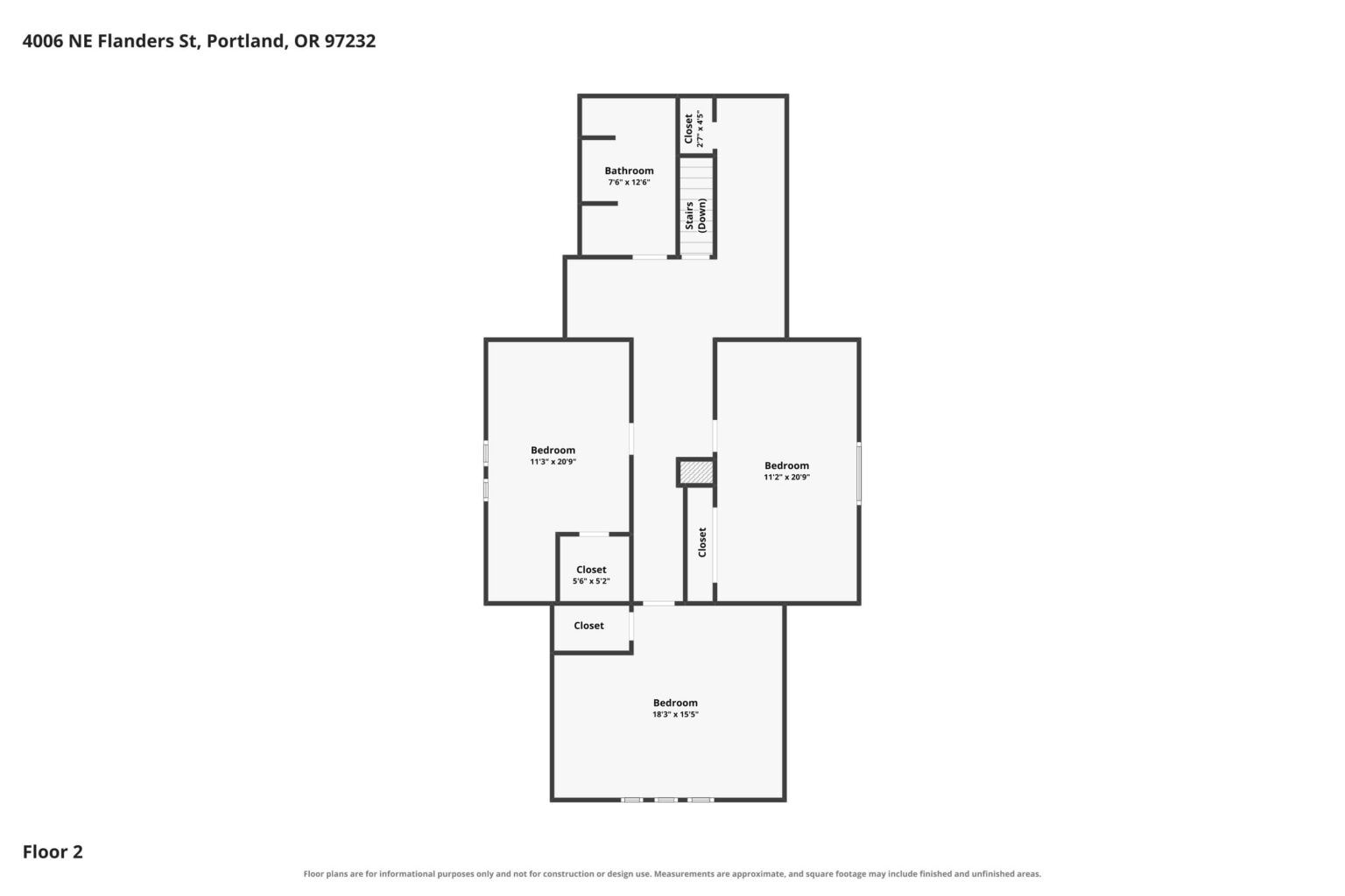 Floor plan of the second level at 4006 NE Flanders St, Portland, showing three bedrooms, a bathroom, and closet layouts.